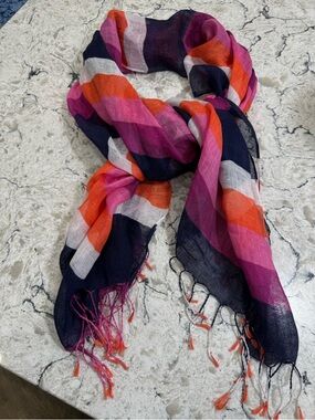 Talbots Navy, White, Pink, and Orange Striped Linen Scarf with Fringe